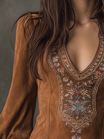 Vestido Mini Vintage de Ante Bordado con Mangas Largas