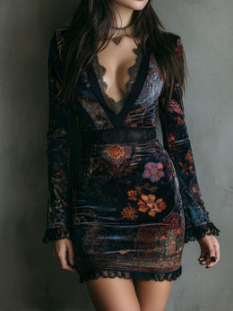 Vestido Mini Boho de Terciopelo con Estampado Floral, Escote en V, Corte Ajustado y Encaje