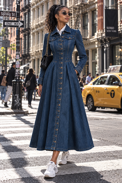 Gabardina vaquera larga entallada de estilo retro