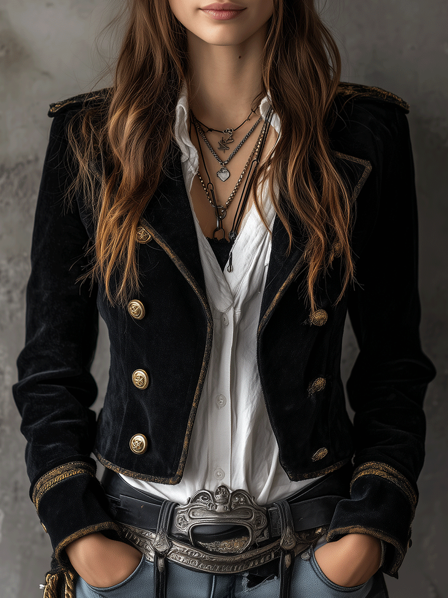 Blazer negro de terciopelo con botones dorados de inspiración militar