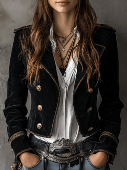 Blazer negro de terciopelo con botones dorados de inspiración militar