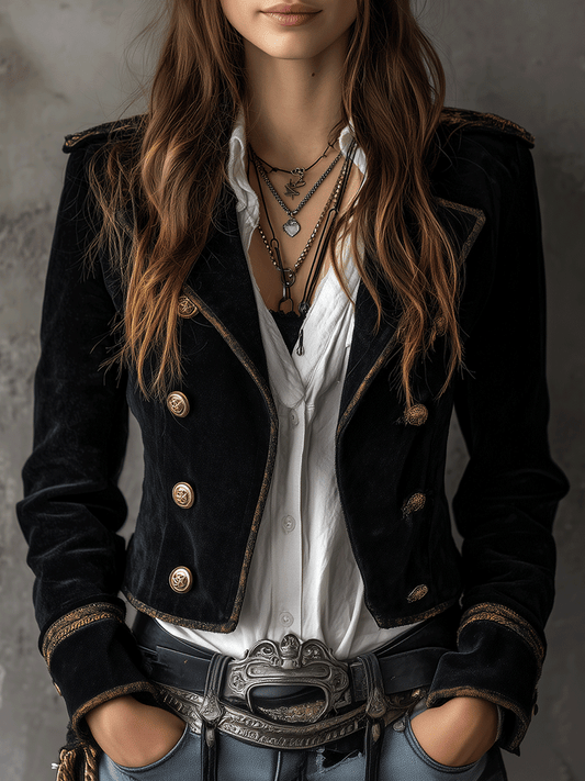 Blazer negro de terciopelo con botones dorados de inspiración militar