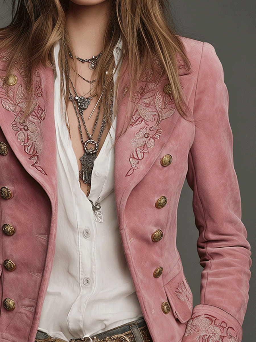 Chaqueta Vintage de Ante Bordado con Doble Botonadura