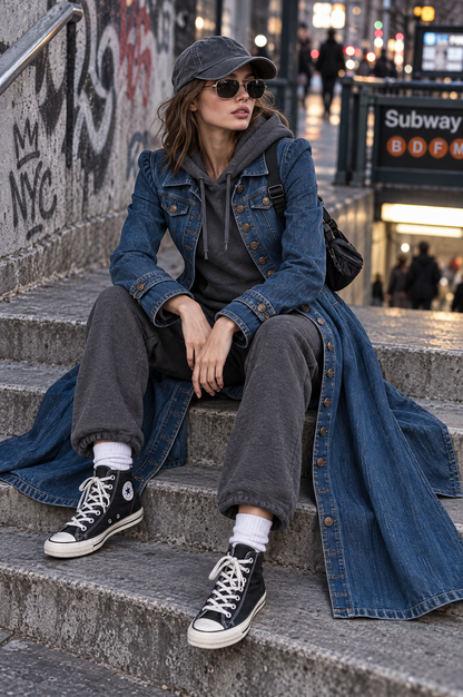 Gabardina vaquera larga entallada de estilo retro