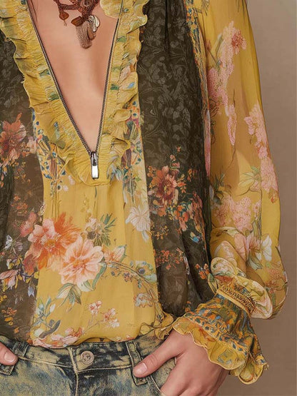 Blusa de Chifón Floral con Volantes y Cremallera Frontal