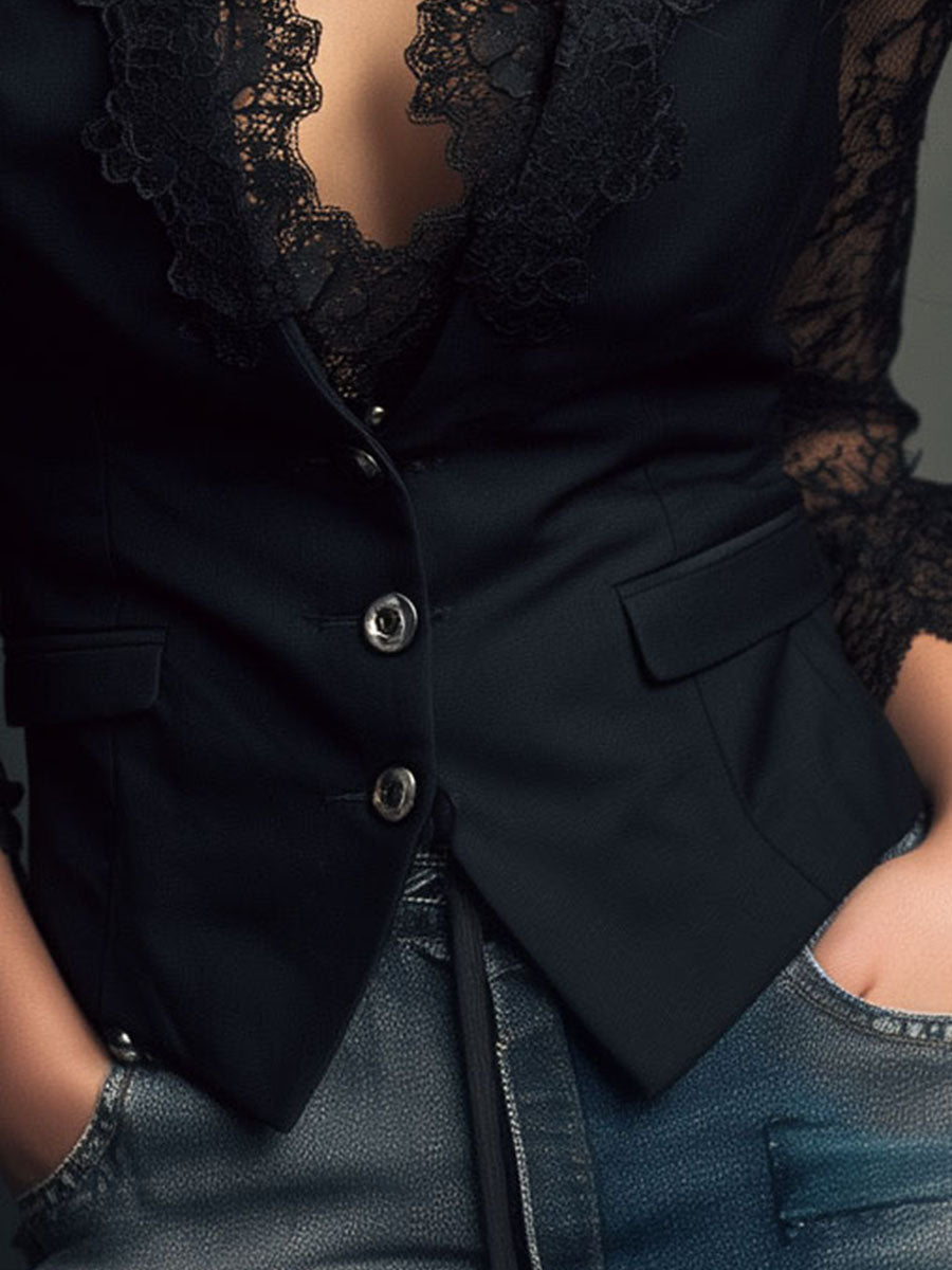 Top blazer negro elegante con mangas de encaje