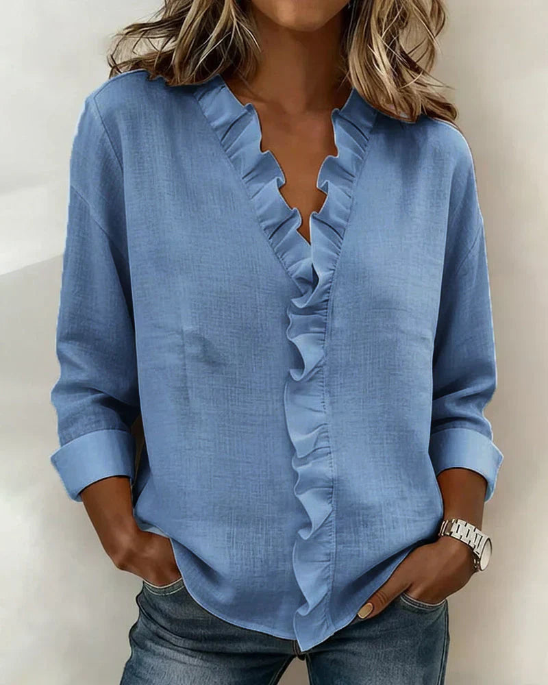 Irene | Blusa con volantes, escote en V y mangas largas