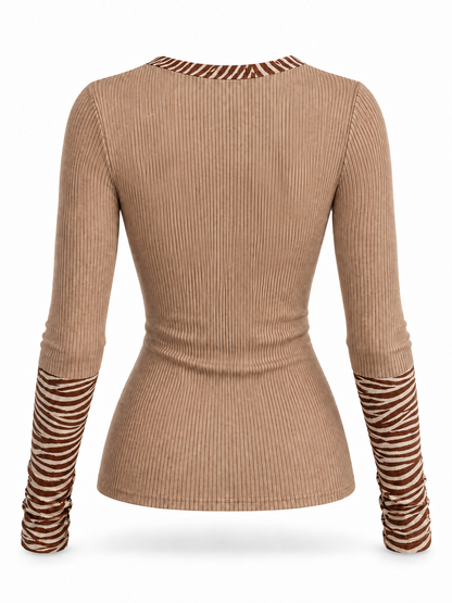 Top Desert Muse de Punto Canalé con Detalles de Estampado de Cebra