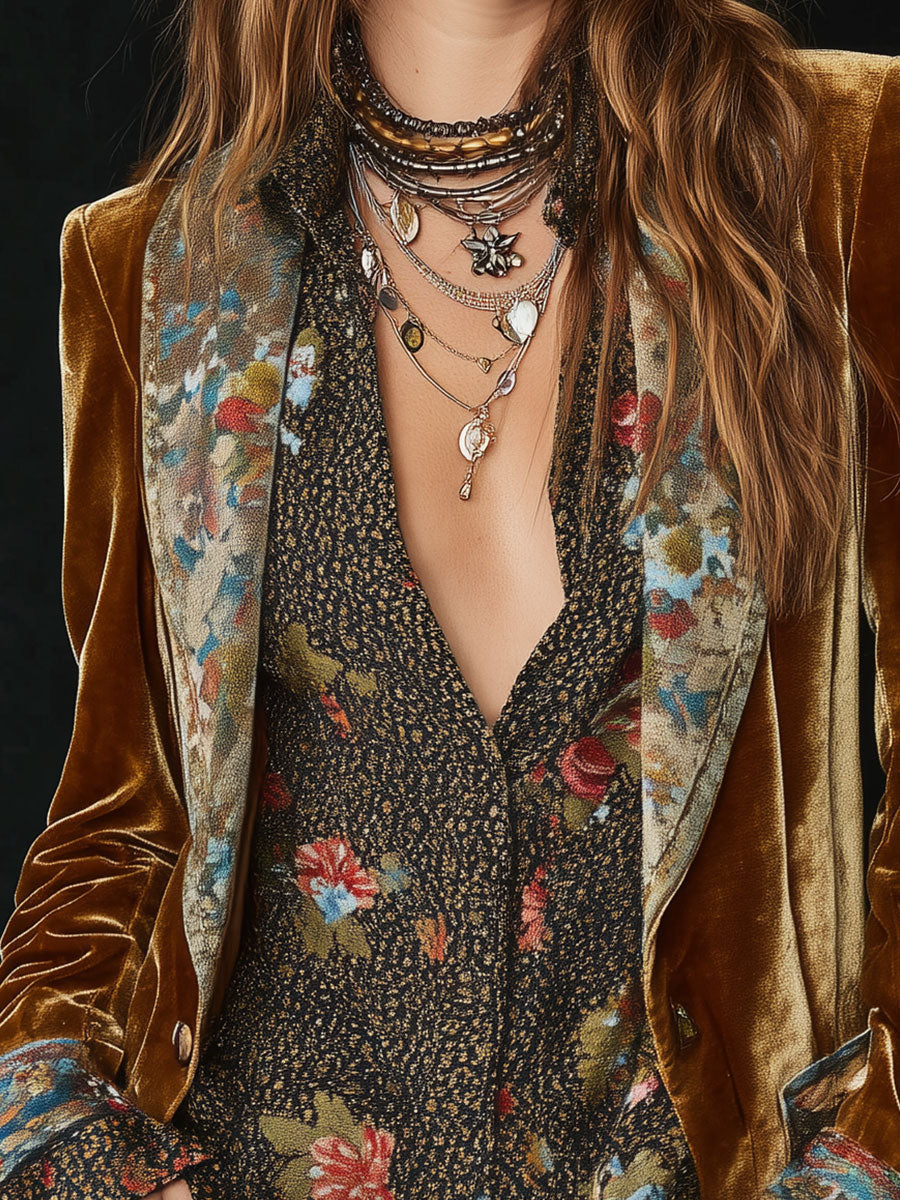 Blazer Vintage de Terciopelo con Solapas, Estampado Floral y Detalles Patchwork