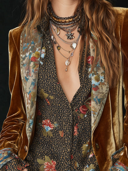 Blazer Vintage de Terciopelo con Solapas, Estampado Floral y Detalles Patchwork