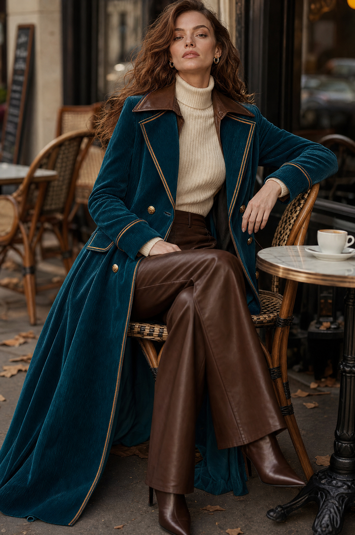Abrigo Midi Retro de Pana con Diseño Color Block y Cuello de Solapa