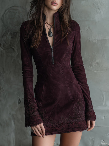 Vestido Mini Vintage de Ante con Bordados y Detalles de Encaje
