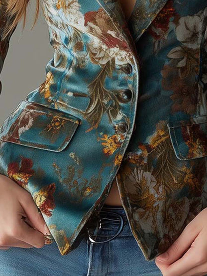 Blazer Vintage de Terciopelo Verde Azulado con Estampado Floral