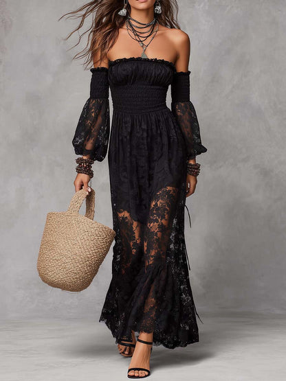 Vestido Maxi Negro de Encaje con Escote Bardot y Cuerpo Fruncido