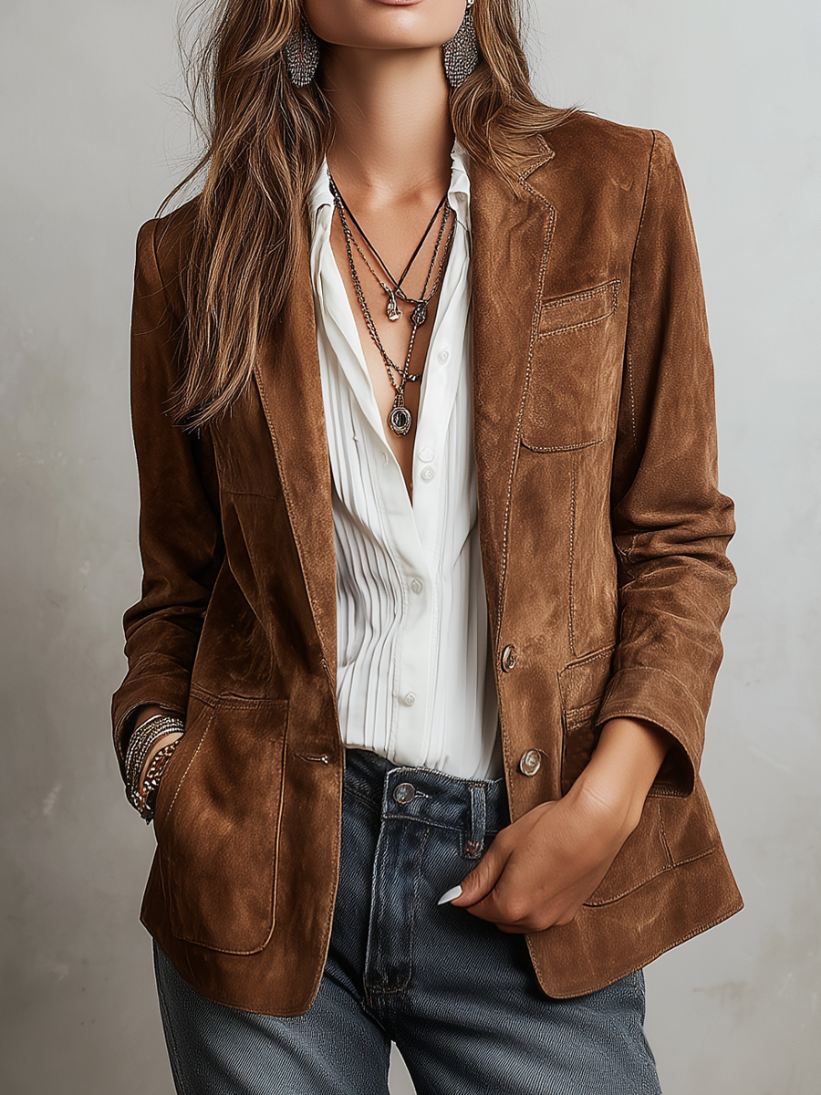 Chaqueta Retro de Ante Ecológico con Costuras en Contraste
