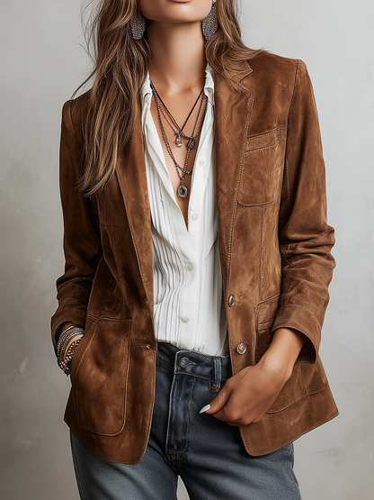 Chaqueta Retro de Ante Ecológico con Costuras en Contraste