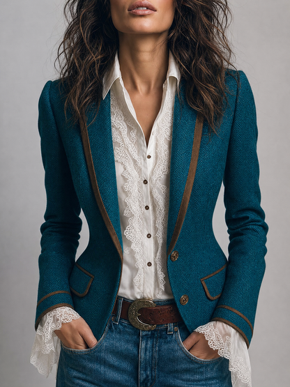 Blazer Retro Entallado de Tweed con Espiga y Detalles en Contraste