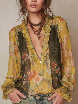 Blusa de Chifón Floral con Volantes y Cremallera Frontal