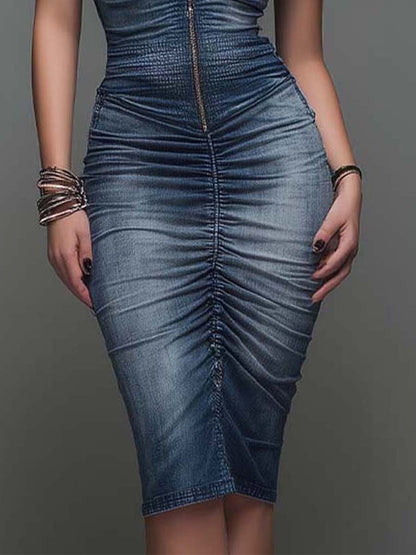 Vestido Midi de Denim 100% Algodón con Cremallera Frontal y Detalles Fruncidos