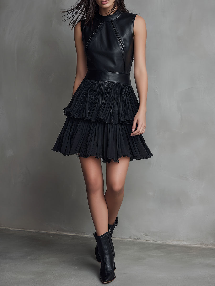 Vestido Mini Chic de Ecopiel Negra con Falda de Gasa Plisada en Capas