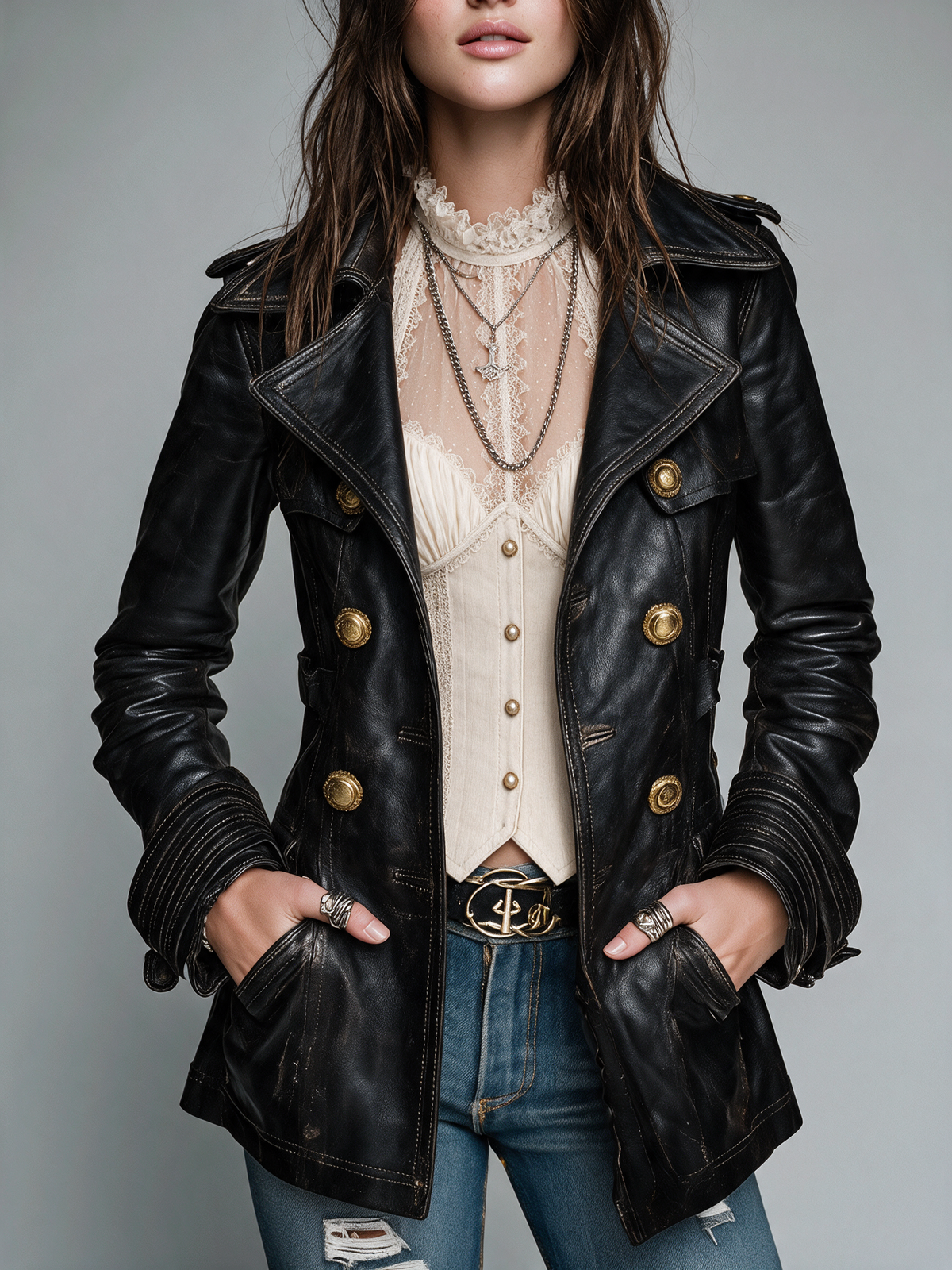 Chaqueta Vintage Negra de Ecopiel con Doble Botonadura