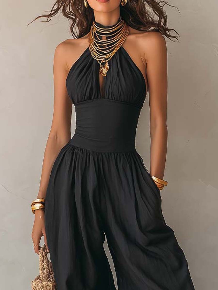 Mono Bohemio con Cuello Halter, Abertura Frontal y Pantalón Balloon