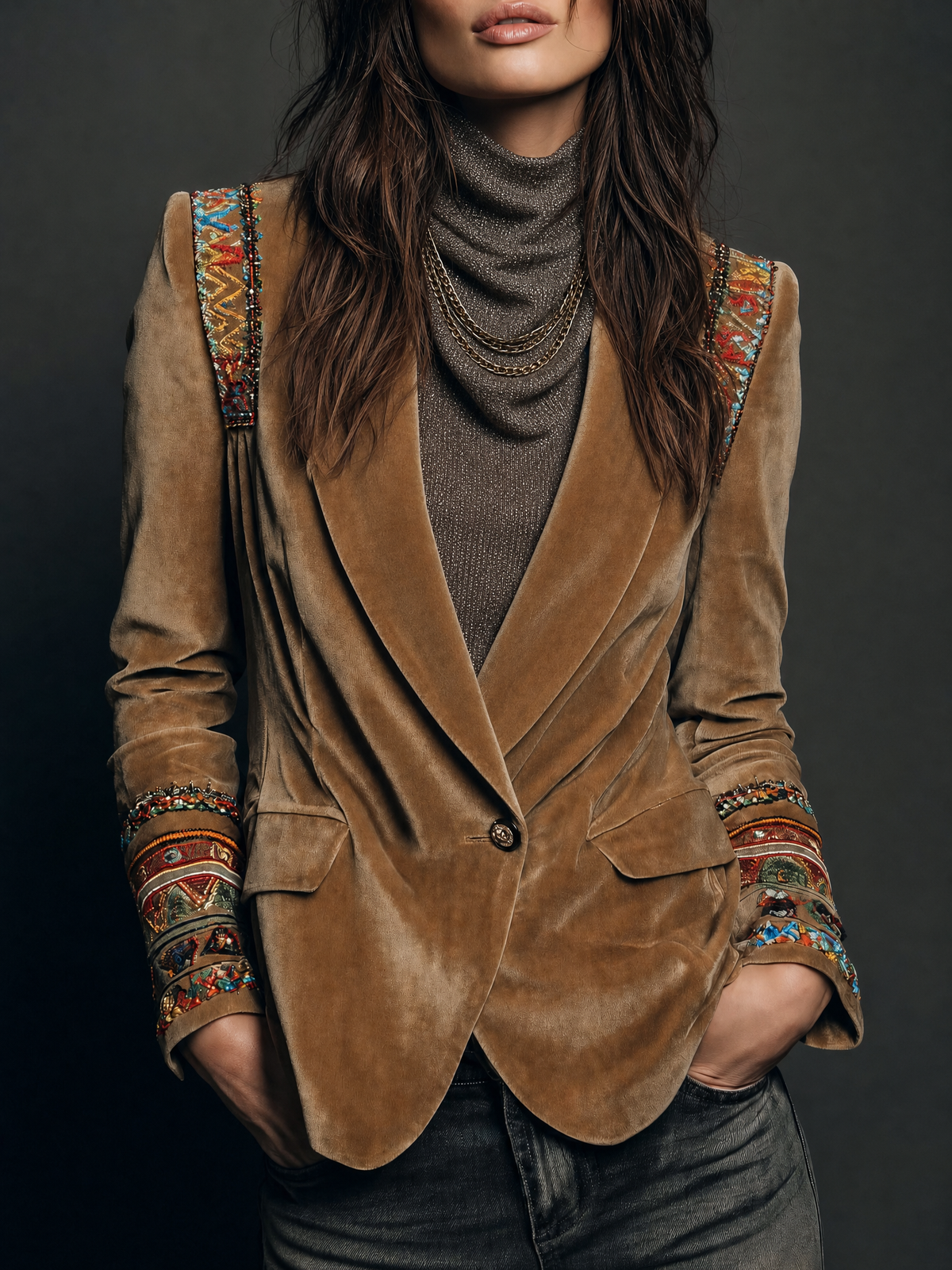 Top Boho Marrón de Punto Ligero con Cuello Drapeado, Manga Larga y Corte Ajustado