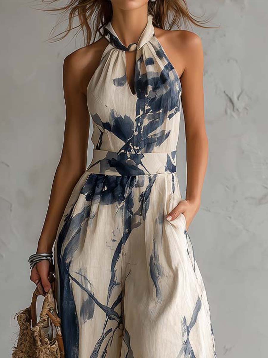 Mono de Pierna Ancha con Cuello Halter, Estampado Efecto Tinta y Bolsillos