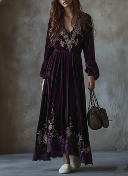 Vestido Maxi Vintage de Terciopelo con Bordado Floral