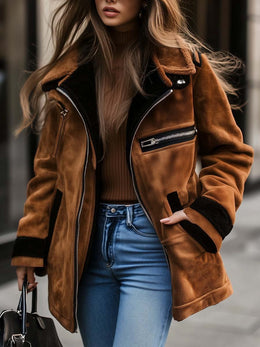 Abrigo Retro de Ante para Mujer con Cremallera y Detalles en Contraste