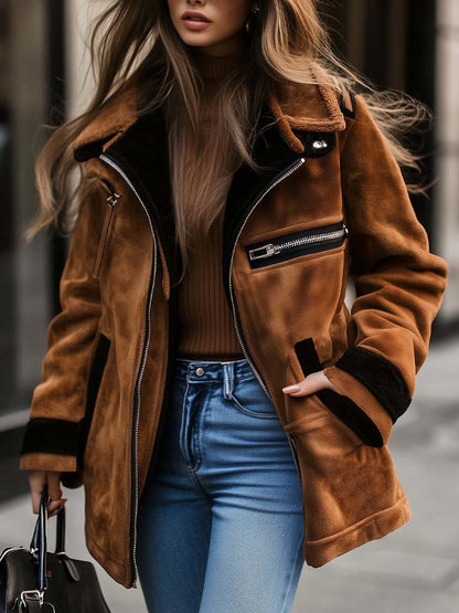 Abrigo Retro de Ante para Mujer con Cremallera y Detalles en Contraste