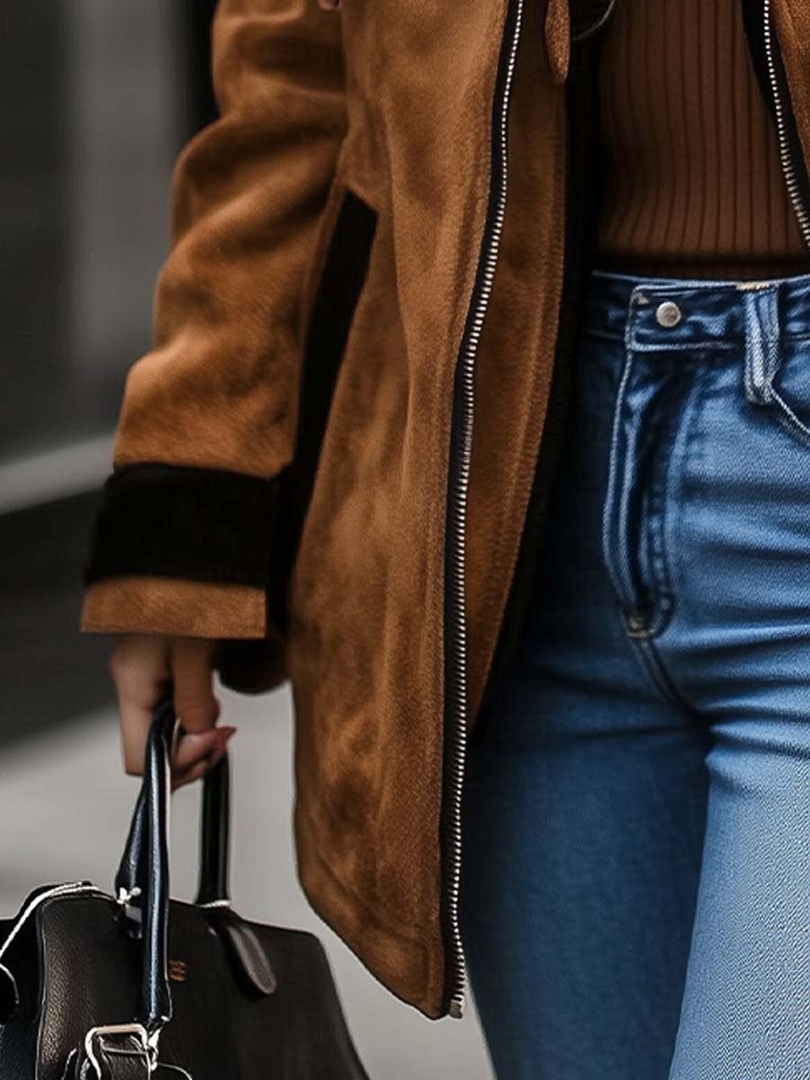 Abrigo Retro de Ante para Mujer con Cremallera y Detalles en Contraste