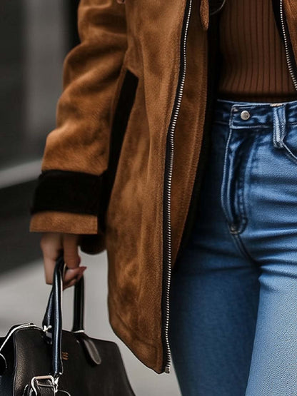 Abrigo Retro de Ante para Mujer con Cremallera y Detalles en Contraste