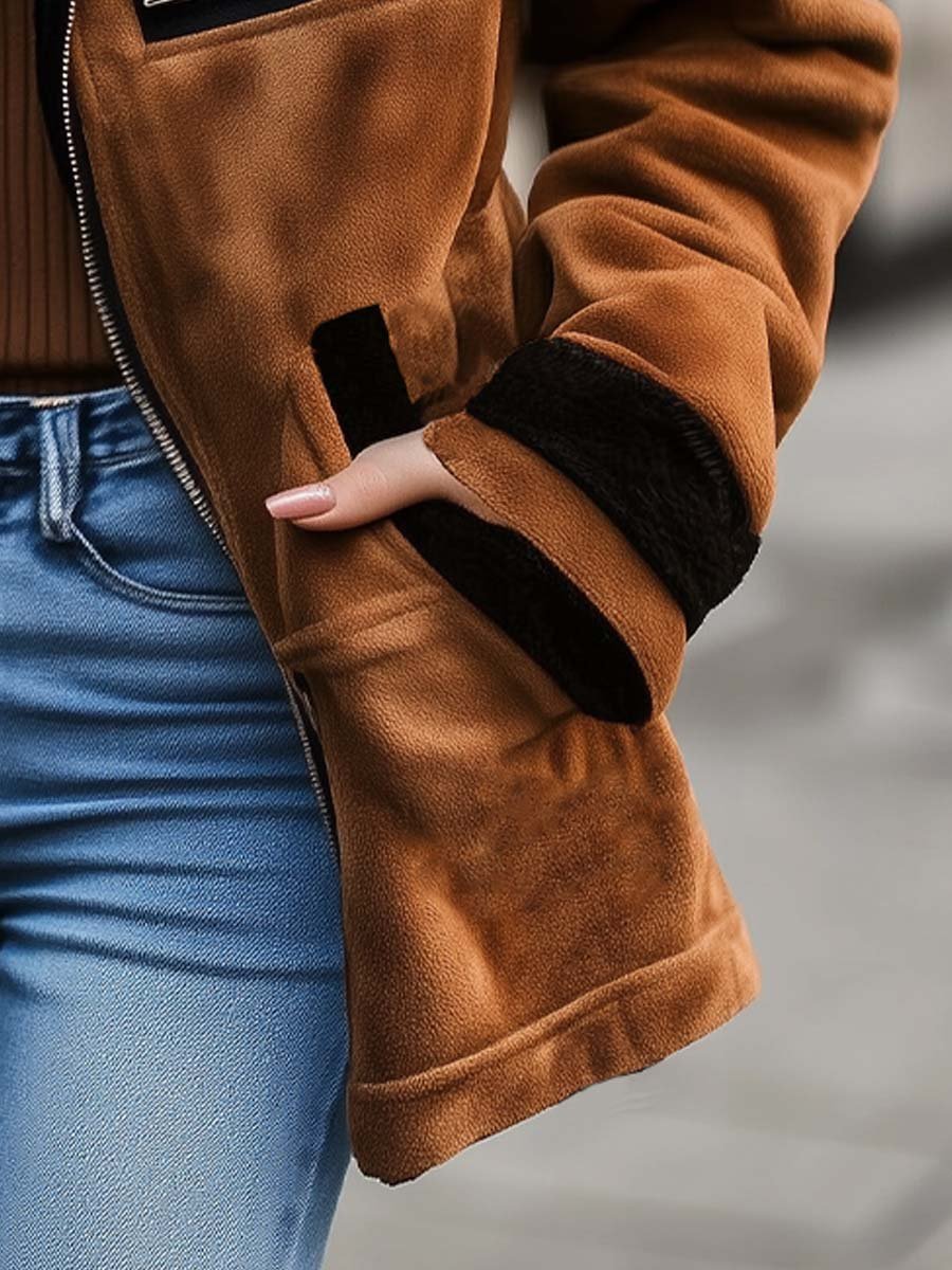 Abrigo Retro de Ante para Mujer con Cremallera y Detalles en Contraste