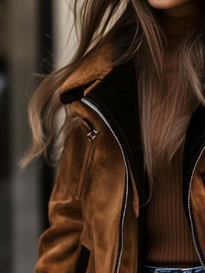 Abrigo Retro de Ante para Mujer con Cremallera y Detalles en Contraste