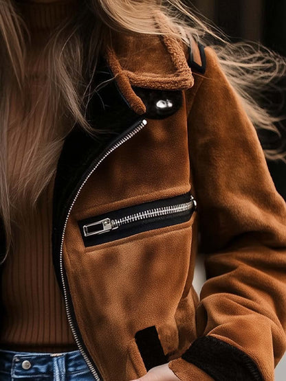 Abrigo Retro de Ante para Mujer con Cremallera y Detalles en Contraste