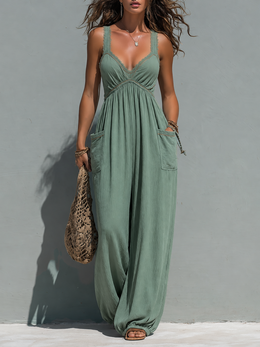 Mono Boho de Pierna Ancha con Detalles de Encaje y Bolsillos de Parche